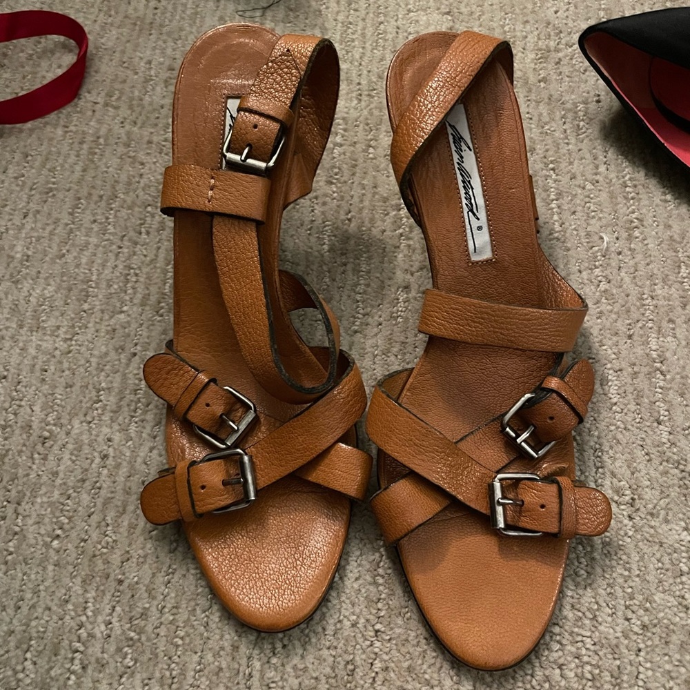 Brian Atwood brown leather buckle sandal heels